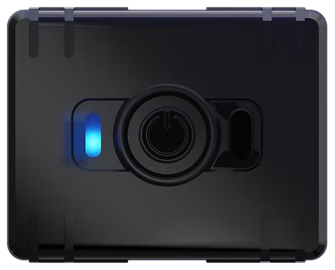 Personal portable tracker, front view showing the duress button and status light