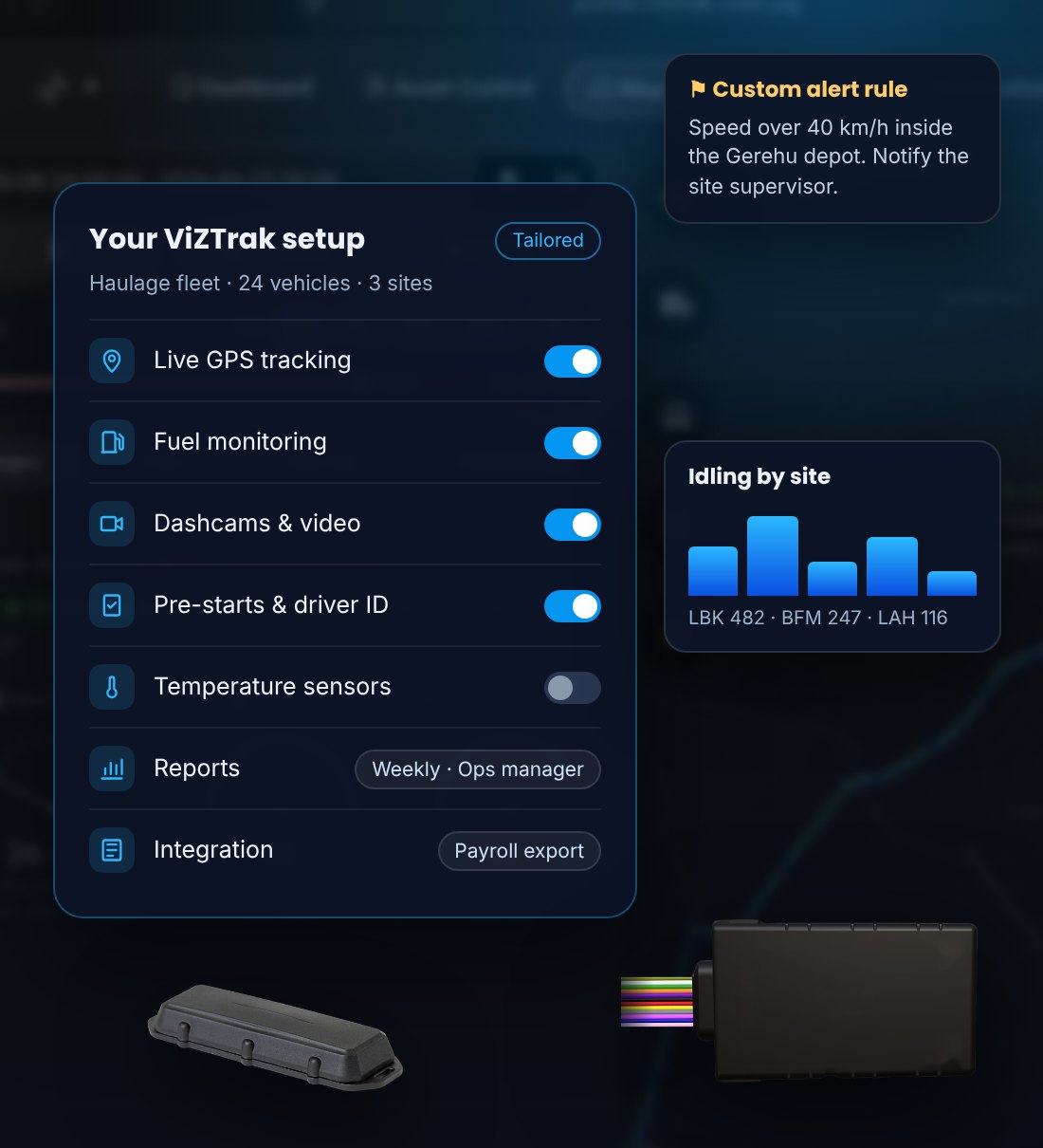 A tailored ViZTrak setup: features switched on for a haulage fleet, a custom speed alert for the Gerehu depot, an idling report by site, and the trackers fitted