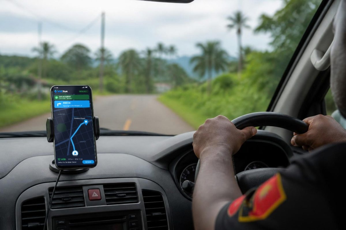 Driver following a ViZTrak job route on a phone mounted in the cab