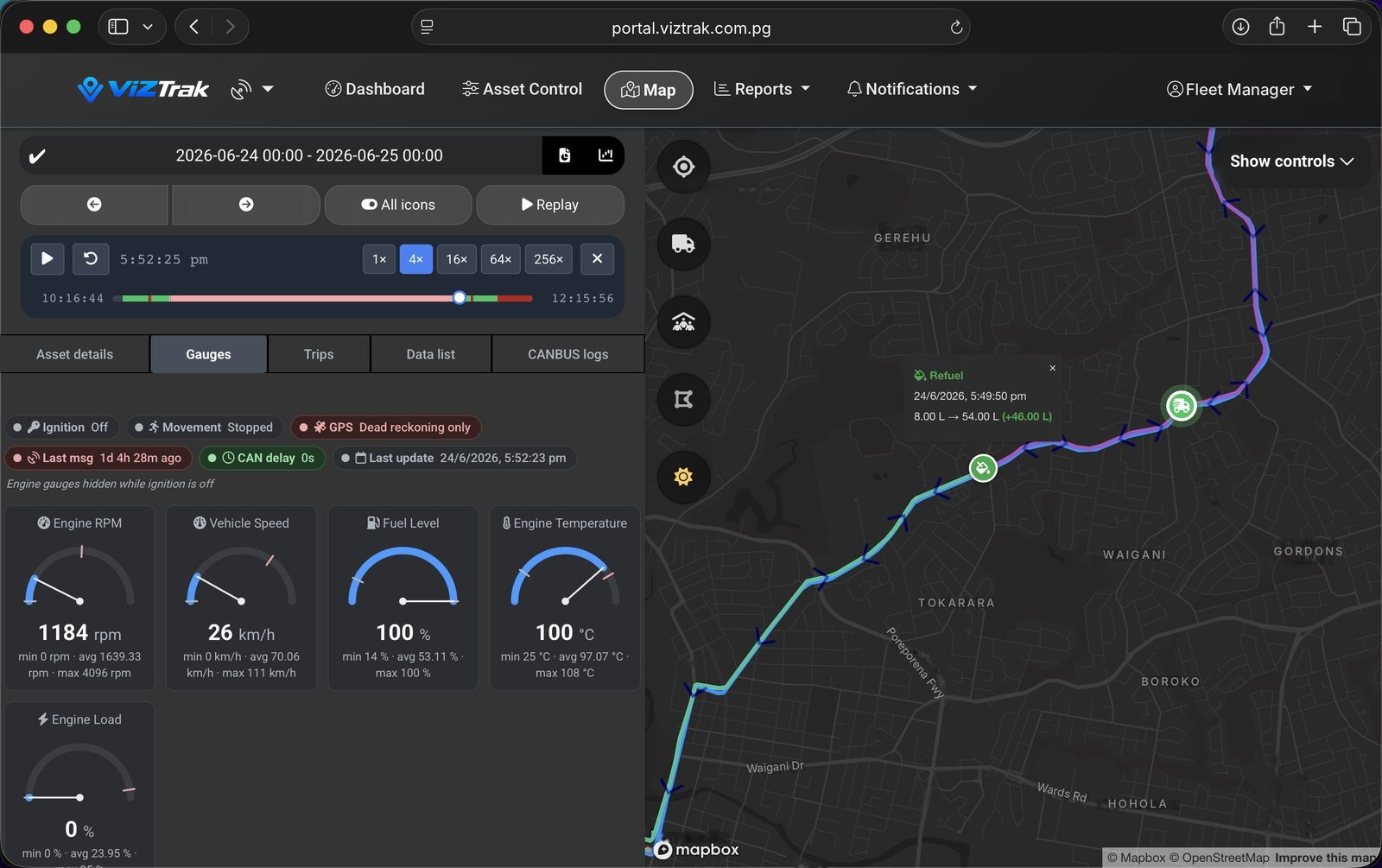 ViZTrak web portal showing a vehicle trip replay on the map with engine and fuel gauges