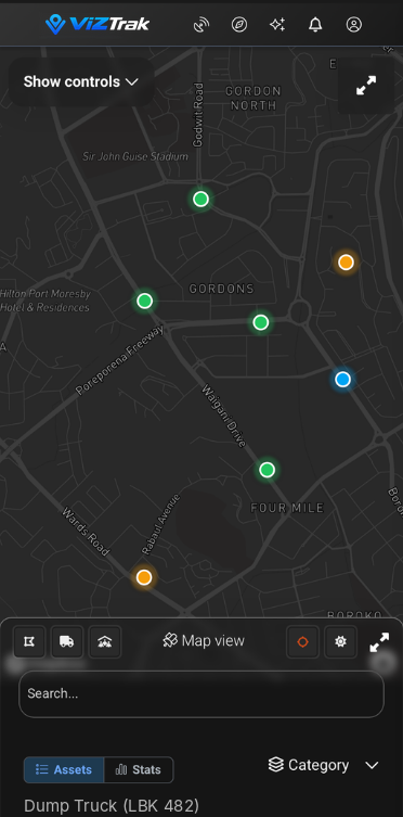 ViZTrak mobile app showing vehicles on a map of Port Moresby